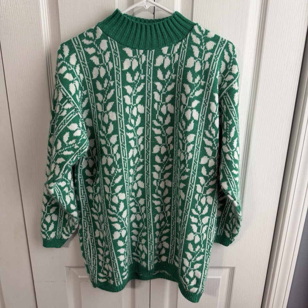 American Pride Green White Vine Foliage Sweater Women's Size Large VTG 90s Boho